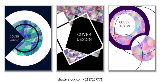 Deckungsdesign. Satz von 3 Covern. Nachahmung von zerbrochenem Papier. Ungewöhnlicher heller abstrakter Hintergrund für Magazin, Buch, Splash, Banner, Vektorgrafik. Nachahmung von zerkleinertem Papier
