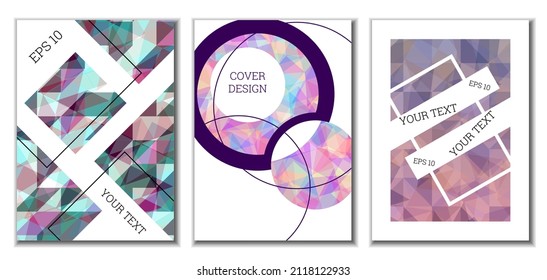 Cover design. Set of 3 covers. Imitation of crumpled paper. Unusual bright abstract background for magazine, book, splash, banner, vector. Imitation of crumpled paper