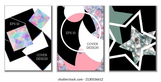 Cover design. Set of 3 covers. Imitation of crumpled paper. Unusual bright abstract background for magazine, book, splash, banner, vector. Imitation of crumpled paper