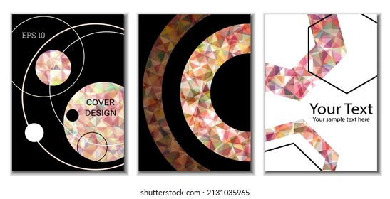 Diseño de portada. Conjunto de 3 cubiertas. Imitación de papel desmenuzado. Inusual fondo abstracto brillante para revista, libro, splash, banner, vector. Imitación de papel cruzado