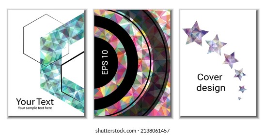 Cover design. Set of 3 covers. Imitation of crumpled paper. Unusual bright abstract background for magazine, book, splash, banner, vector. Imitation of crumpled paper