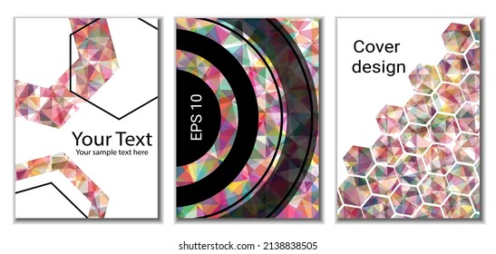 Diseño de portada. Conjunto de 3 cubiertas. Imitación de papel desmenuzado. Inusual fondo abstracto brillante para revista, libro, splash, banner, vector. Imitación de papel cruzado