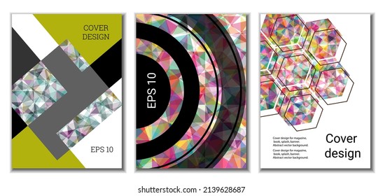 Cover design. Set of 3 covers. Imitation of crumpled paper. Unusual bright abstract background for magazine, book, splash, banner, vector. Imitation of crumpled paper