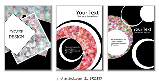 Diseño de portada. Conjunto de 3 cubiertas. Imitación de papel desmenuzado. Inusual fondo abstracto brillante para revista, libro, splash, banner, vector. Imitación de papel cruzado
