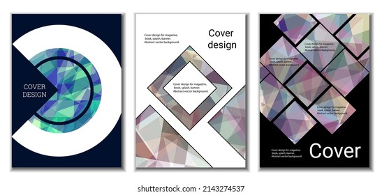 Cover design. Set of 3 covers. Imitation of crumpled paper. Unusual bright abstract background for magazine, book, splash, banner, vector. Imitation of crumpled paper
