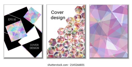 Diseño de portada. Conjunto de 3 cubiertas. Imitación de papel desmenuzado. Inusual fondo abstracto brillante para revista, libro, splash, banner, vector. Imitación de papel cruzado