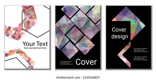 Diseño de portada. Conjunto de 3 cubiertas. Imitación de papel desmenuzado. Inusual fondo abstracto brillante para revista, libro, splash, banner, vector. Imitación de papel cruzado