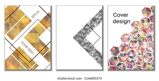 Diseño de portada. Conjunto de 3 cubiertas. Imitación de papel desmenuzado. Inusual fondo abstracto brillante para revista, libro, splash, banner, vector. Imitación de papel cruzado