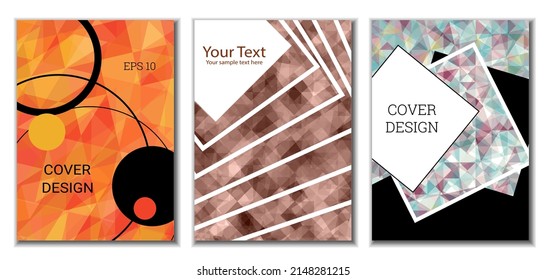 Diseño de portada. Conjunto de 3 cubiertas. Imitación de papel desmenuzado. Inusual fondo abstracto brillante para revista, libro, splash, banner, vector. Imitación de papel cruzado