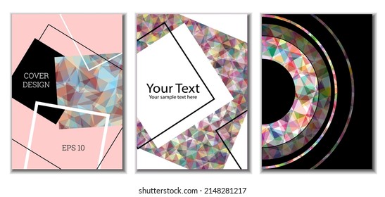 Cover design. Set of 3 covers. Imitation of crumpled paper. Unusual bright abstract background for magazine, book, splash, banner, vector. Imitation of crumpled paper