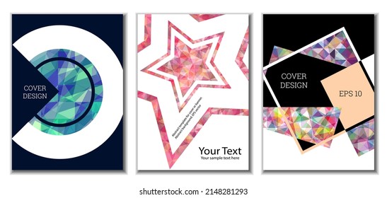 Cover design. Set of 3 covers. Imitation of crumpled paper. Unusual bright abstract background for magazine, book, splash, banner, vector. Imitation of crumpled paper