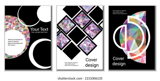 Diseño de portada. Conjunto de 3 cubiertas. Imitación de papel desmenuzado. Inusual fondo abstracto brillante para revista, libro, splash, banner, vector. Imitación de papel cruzado