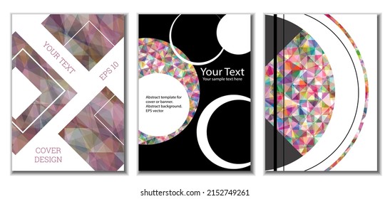 Diseño de portada. Conjunto de 3 cubiertas. Imitación de papel desmenuzado. Inusual fondo abstracto brillante para revista, libro, splash, banner, vector. Imitación de papel cruzado