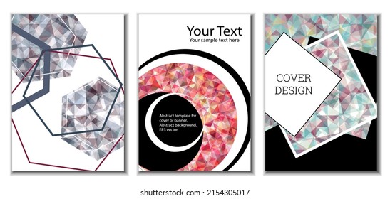 Cover design. Set of 3 covers. Imitation of crumpled paper. Unusual bright abstract background for magazine, book, splash, banner, vector. Imitation of crumpled paper