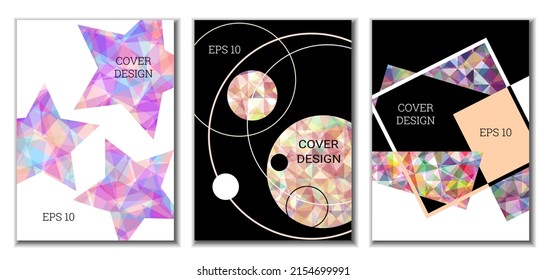 Deckungsdesign. Satz von 3 Covern. Nachahmung von zerbrochenem Papier. Ungewöhnlicher heller abstrakter Hintergrund für Magazin, Buch, Splash, Banner, Vektorgrafik. Nachahmung von zerkleinertem Papier