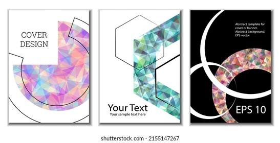 Diseño de portada. Conjunto de 3 cubiertas. Imitación de papel desmenuzado. Inusual fondo abstracto brillante para revista, libro, splash, banner, vector. Imitación de papel cruzado