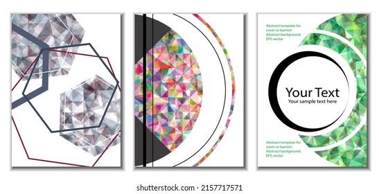 Cover design. Set of 3 covers. Imitation of crumpled paper. Unusual bright abstract background for magazine, book, splash, banner, vector. Imitation of crumpled paper