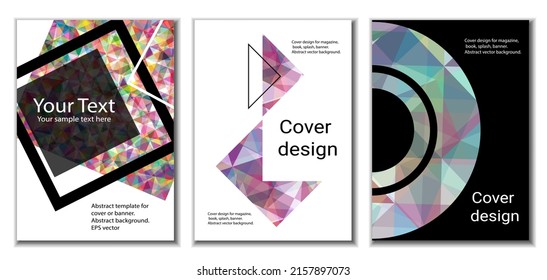 Diseño de portada. Conjunto de 3 cubiertas. Imitación de papel desmenuzado. Inusual fondo abstracto brillante para revista, libro, splash, banner, vector. Imitación de papel cruzado