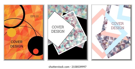 Diseño de portada. Conjunto de 3 cubiertas. Imitación de papel desmenuzado. Inusual fondo abstracto brillante para revista, libro, splash, banner, vector. Imitación de papel cruzado
