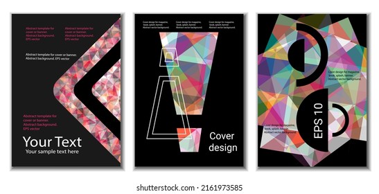 Diseño de portada. Conjunto de 3 cubiertas. Imitación de papel desmenuzado. Inusual fondo abstracto brillante para revista, libro, splash, banner, vector. Imitación de papel cruzado