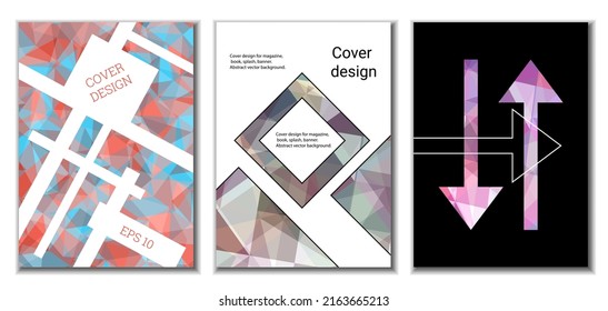 Deckungsdesign. Satz von 3 Covern. Nachahmung von zerbrochenem Papier. Ungewöhnlicher heller abstrakter Hintergrund für Magazin, Buch, Splash, Banner, Vektorgrafik. Nachahmung von zerkleinertem Papier