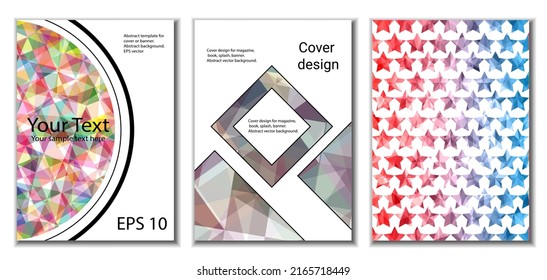 Diseño de portada. Conjunto de 3 cubiertas. Imitación de papel desmenuzado. Inusual fondo abstracto brillante para revista, libro, splash, banner, vector. Imitación de papel cruzado