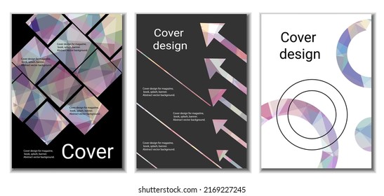 Cover design. Set of 3 covers. Imitation of crumpled paper. Unusual bright abstract background for magazine, book, splash, banner, vector. Imitation of crumpled paper