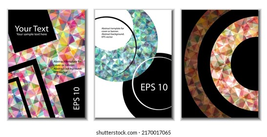 Diseño de portada. Conjunto de 3 cubiertas. Imitación de papel desmenuzado. Inusual fondo abstracto brillante para revista, libro, splash, banner, vector. Imitación de papel cruzado
