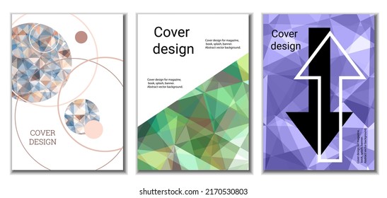 Deckungsdesign. Satz von 3 Covern. Nachahmung von zerbrochenem Papier. Ungewöhnlicher heller abstrakter Hintergrund für Magazin, Buch, Splash, Banner, Vektorgrafik. Nachahmung von zerkleinertem Papier