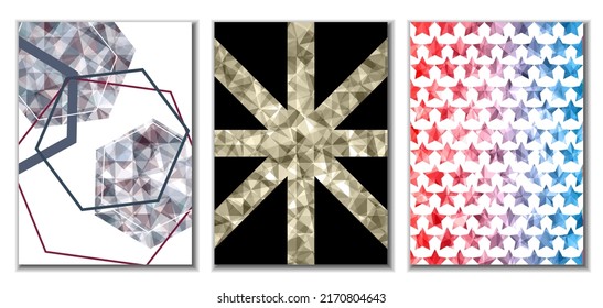 Diseño de portada. Conjunto de 3 cubiertas. Imitación de papel desmenuzado. Inusual fondo abstracto brillante para revista, libro, splash, banner, vector. Imitación de papel cruzado