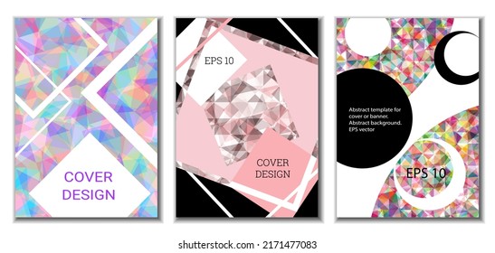 Diseño de portada. Conjunto de 3 cubiertas. Imitación de papel desmenuzado. Inusual fondo abstracto brillante para revista, libro, splash, banner, vector. Imitación de papel cruzado