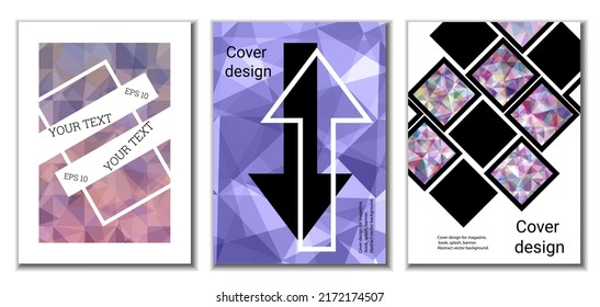 Cover design. Set of 3 covers. Imitation of crumpled paper. Unusual bright abstract background for magazine, book, splash, banner, vector. Imitation of crumpled paper
