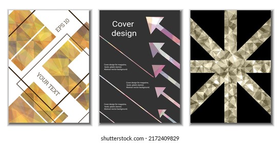 Cover design. Set of 3 covers. Imitation of crumpled paper. Unusual bright abstract background for magazine, book, splash, banner, vector. Imitation of crumpled paper