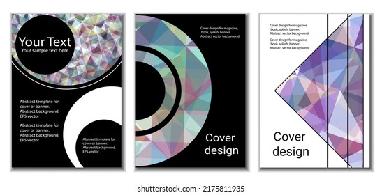Diseño de portada. Conjunto de 3 cubiertas. Imitación de papel desmenuzado. Inusual fondo abstracto brillante para revista, libro, splash, banner, vector. Imitación de papel cruzado