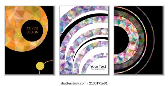 Diseño de portada. Conjunto de 3 cubiertas. Imitación de papel desmenuzado. Inusual fondo abstracto brillante para revista, libro, splash, banner, vector. Imitación de papel cruzado