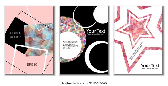 Cover design. Set of 3 covers. Imitation of crumpled paper. Unusual bright abstract background for magazine, book, splash, banner, vector. Imitation of crumpled paper