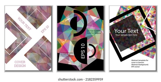 Diseño de portada. Conjunto de 3 cubiertas. Imitación de papel desmenuzado. Inusual fondo abstracto brillante para revista, libro, splash, banner, vector. Imitación de papel cruzado