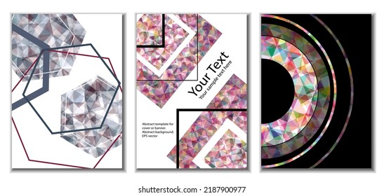 Diseño de portada. Conjunto de 3 cubiertas. Imitación de papel desmenuzado. Inusual fondo abstracto brillante para revista, libro, splash, banner, vector. Imitación de papel cruzado