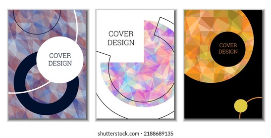 Diseño de portada. Conjunto de 3 cubiertas. Imitación de papel desmenuzado. Inusual fondo abstracto brillante para revista, libro, splash, banner, vector. Imitación de papel cruzado