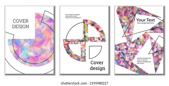 Diseño de portada. Conjunto de 3 cubiertas. Imitación de papel desmenuzado. Inusual fondo abstracto brillante para revista, libro, splash, banner, vector. Imitación de papel cruzado