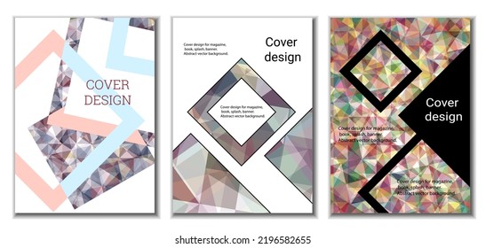 Diseño de portada. Conjunto de 3 cubiertas. Imitación de papel desmenuzado. Inusual fondo abstracto brillante para revista, libro, splash, banner, vector. Imitación de papel cruzado