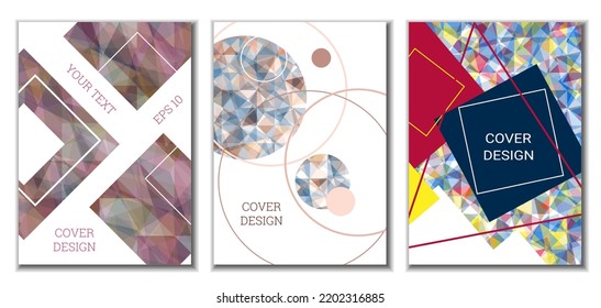 Diseño de portada. Conjunto de 3 cubiertas. Imitación de papel desmenuzado. Inusual fondo abstracto brillante para revista, libro, splash, banner, vector. Imitación de papel cruzado
