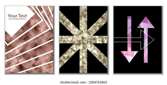 Cover design. Set of 3 covers. Imitation of crumpled paper. Unusual bright abstract background for magazine, book, splash, banner, vector. Imitation of crumpled paper