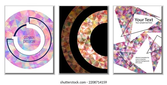 Deckungsdesign. Satz von 3 Covern. Nachahmung von zerbrochenem Papier. Ungewöhnlicher heller abstrakter Hintergrund für Magazin, Buch, Splash, Banner, Vektorgrafik. Nachahmung von zerkleinertem Papier