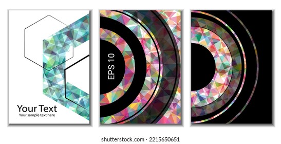 Diseño de portada. Conjunto de 3 cubiertas. Imitación de papel desmenuzado. Inusual fondo abstracto brillante para revista, libro, splash, banner, vector. Imitación de papel cruzado