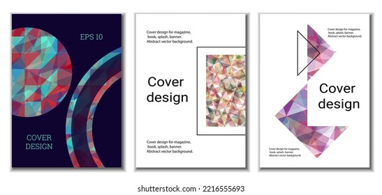 Diseño de portada. Conjunto de 3 cubiertas. Imitación de papel desmenuzado. Inusual fondo abstracto brillante para revista, libro, splash, banner, vector. Imitación de papel cruzado