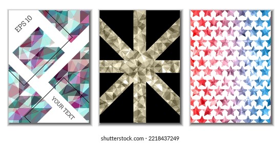 Diseño de portada. Conjunto de 3 cubiertas. Imitación de papel desmenuzado. Inusual fondo abstracto brillante para revista, libro, splash, banner, vector. Imitación de papel cruzado