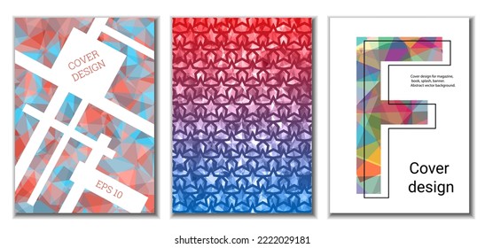 Diseño de portada. Conjunto de 3 cubiertas. Imitación de papel desmenuzado. Inusual fondo abstracto brillante para revista, libro, splash, banner, vector. Imitación de papel cruzado