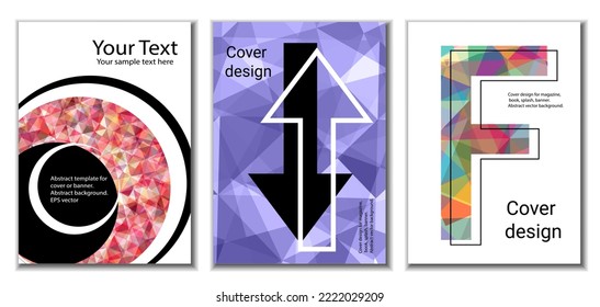 Cover design. Set of 3 covers. Imitation of crumpled paper. Unusual bright abstract background for magazine, book, splash, banner, vector. Imitation of crumpled paper