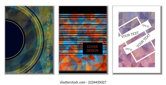 Diseño de portada. Conjunto de 3 cubiertas. Imitación de papel desmenuzado. Inusual fondo abstracto brillante para revista, libro, splash, banner, vector. Imitación de papel cruzado